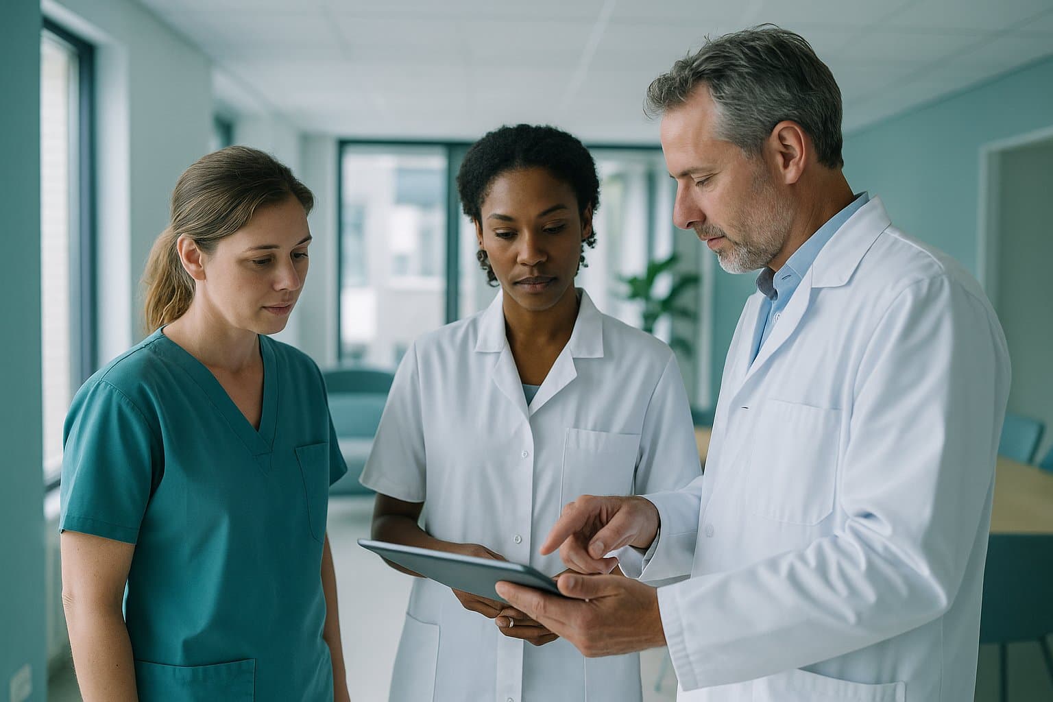 Zorgprofessionals bespreken samen een behandelprotocol
