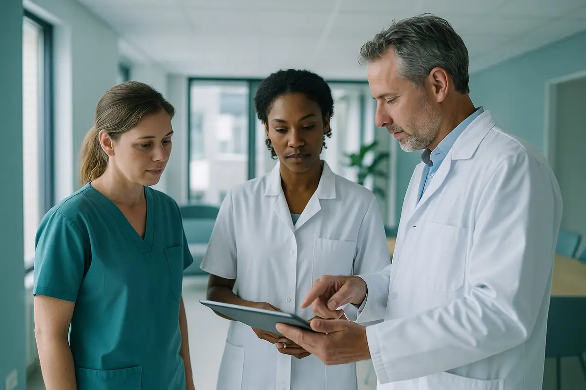 Zorgprofessionals bespreken samen een behandelprotocol